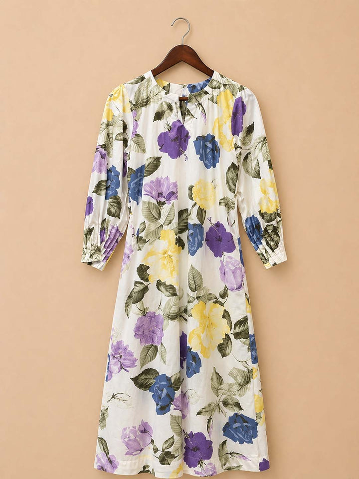 White With Purple And Blue Flower Dress