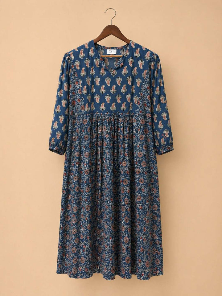 Blue And Red Ajrakh Flared Kurti