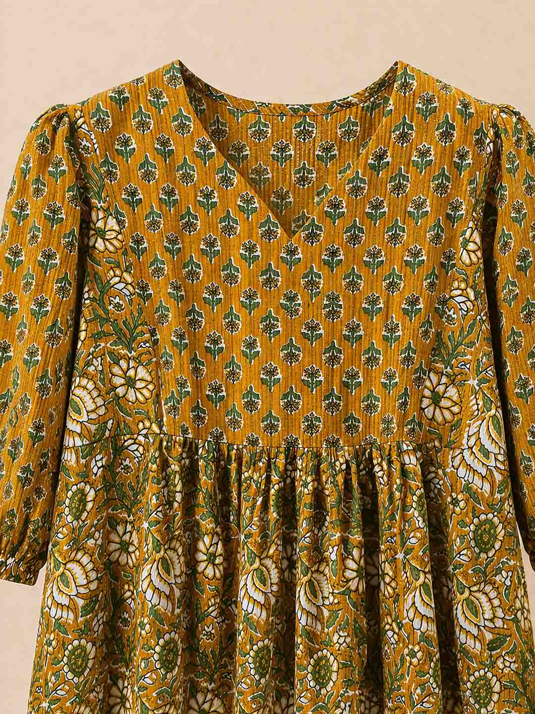 Mustard Yellow And Green Block Printed Kurta