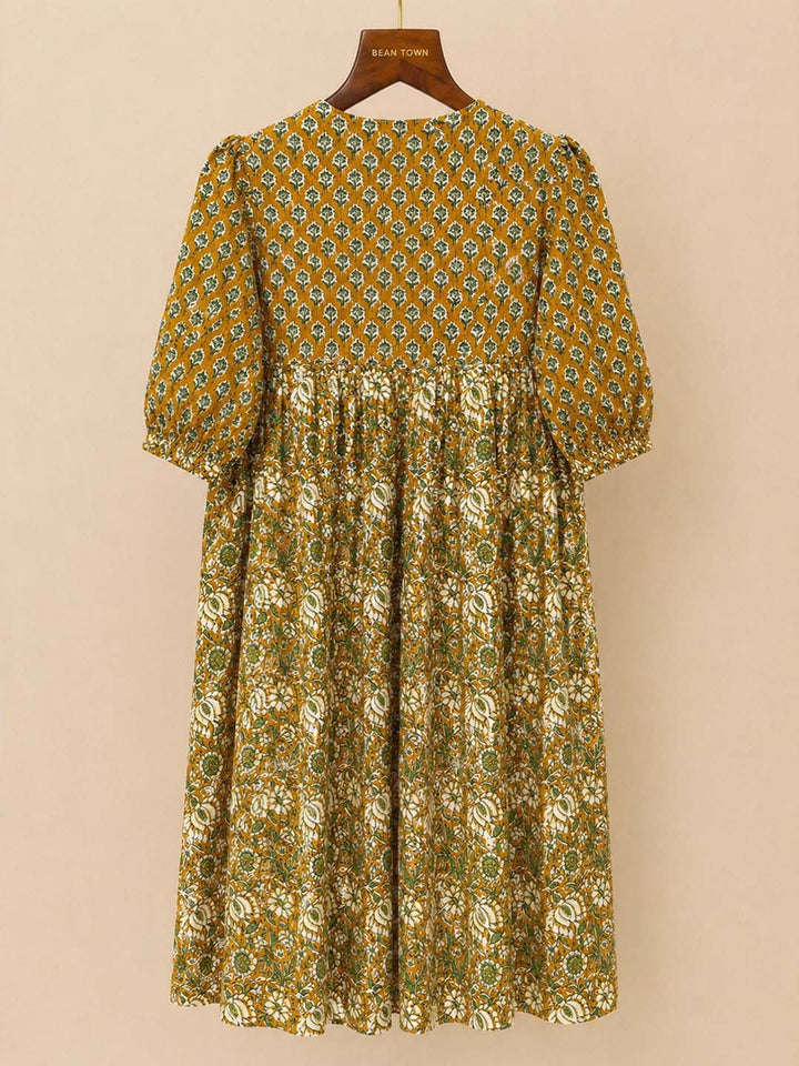 Mustard Yellow And Green Block Printed Kurta