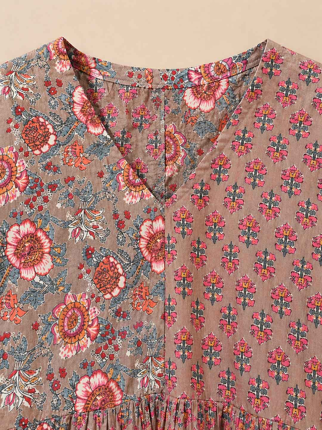 Nude With Blue And Pink Floral Printed Peplum Top