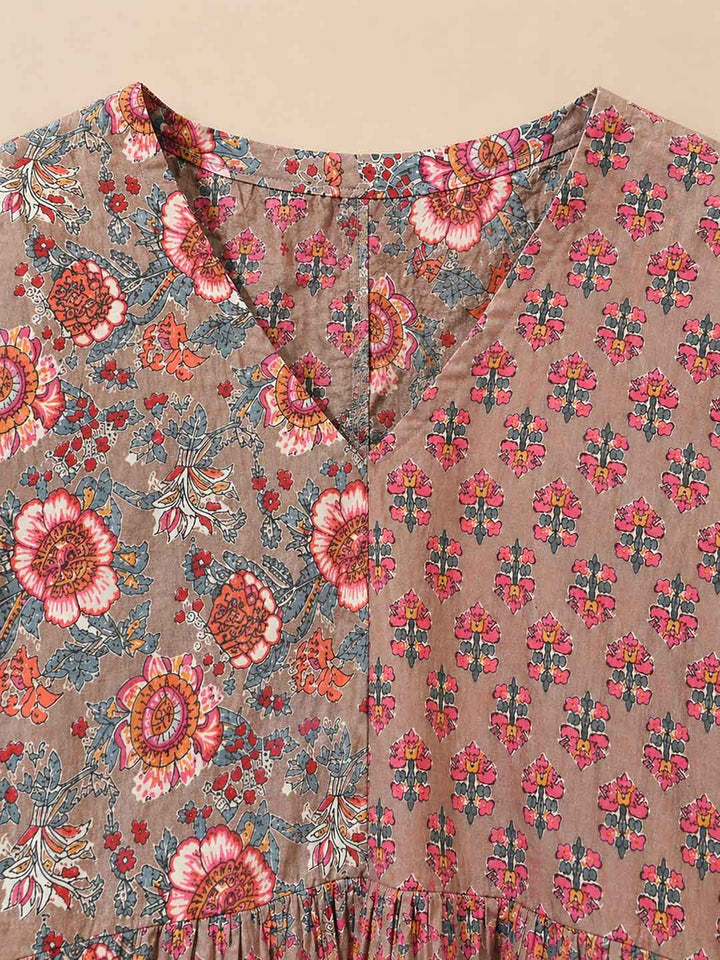 Nude With Blue And Pink Floral Printed Peplum Top
