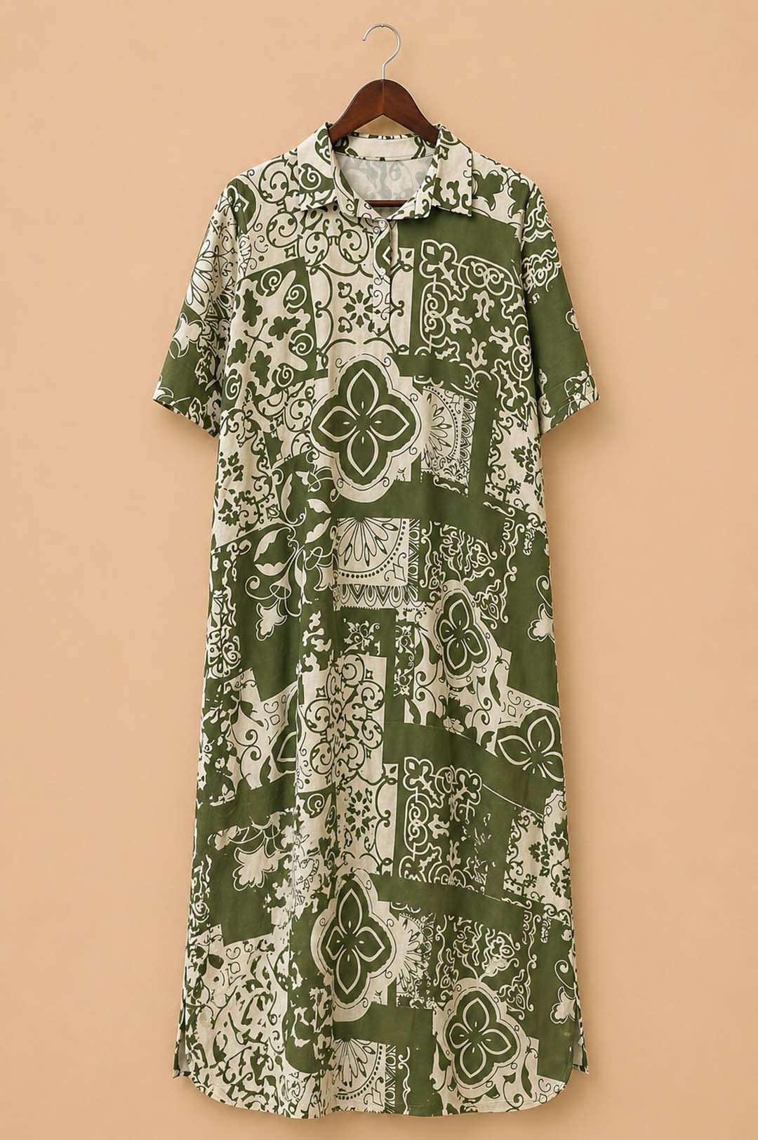 Beige and Green Printed Dress With Shirt Collar
