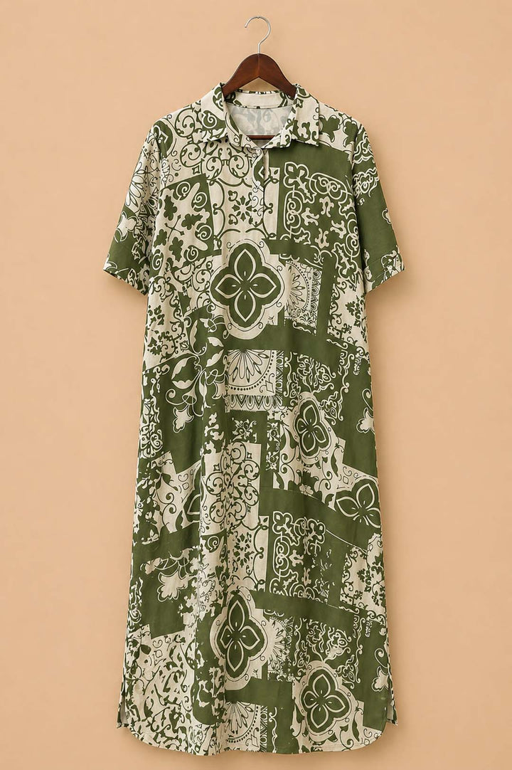 Beige and Green Printed Dress With Shirt Collar