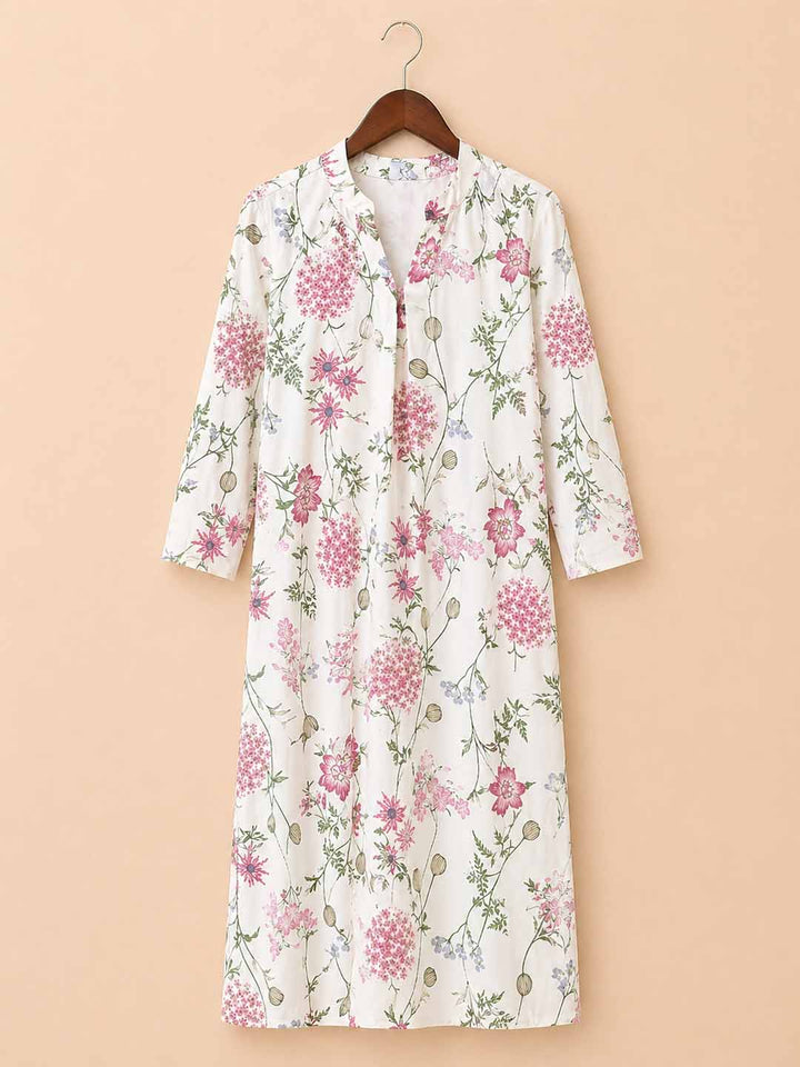 White With Pink Green Floral Shirt Collar Dress