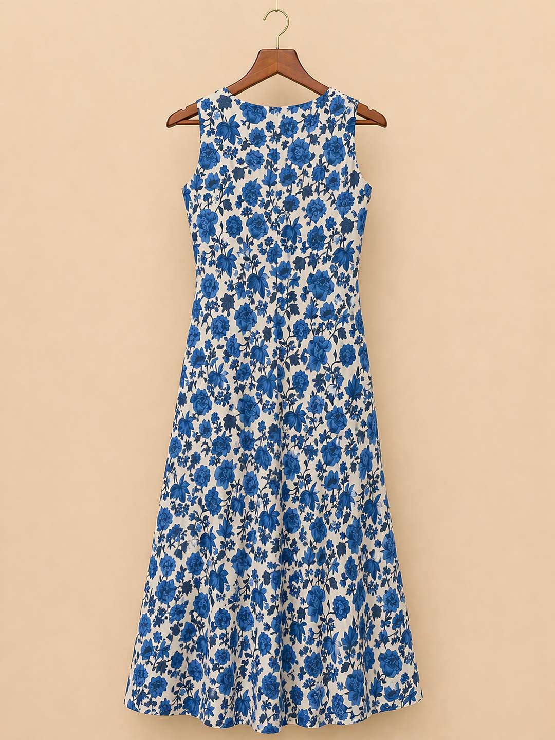 Floral White Blue Elastic Pleat Dress