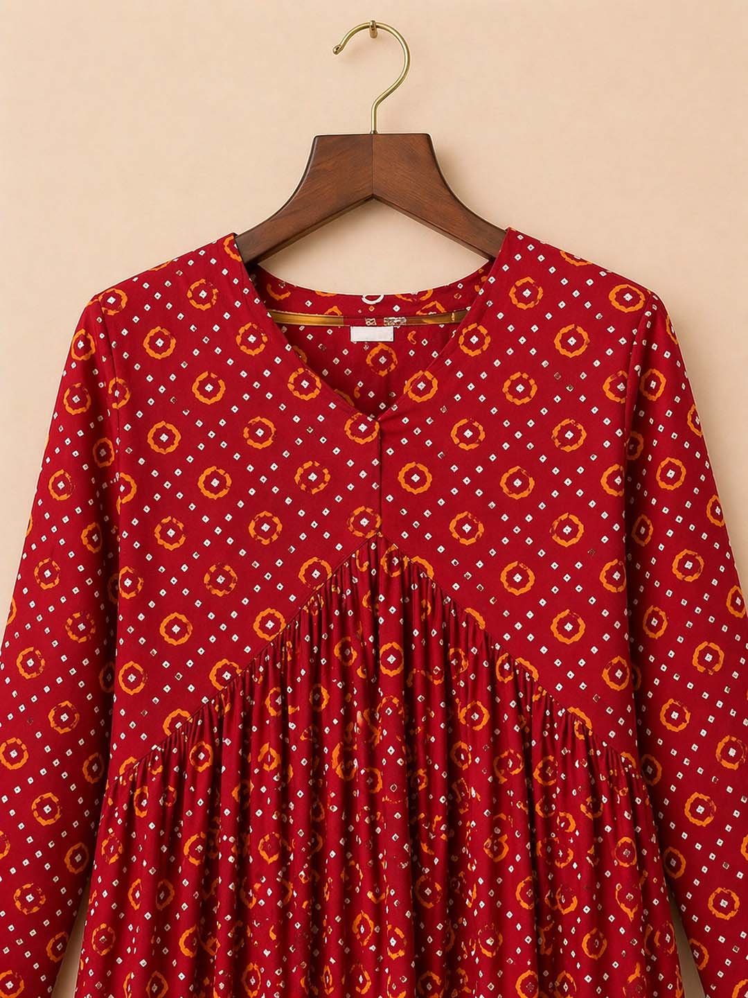 Red Alia Cut Bandhini Print Dress