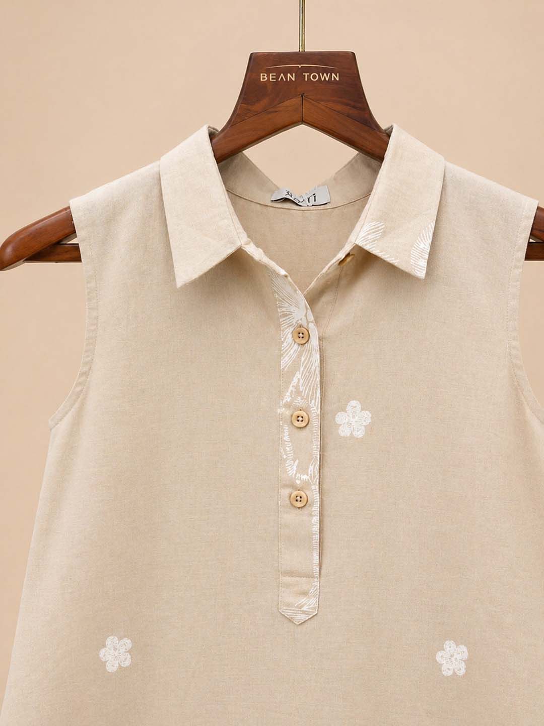 Beige With White Shirt Collar Dress