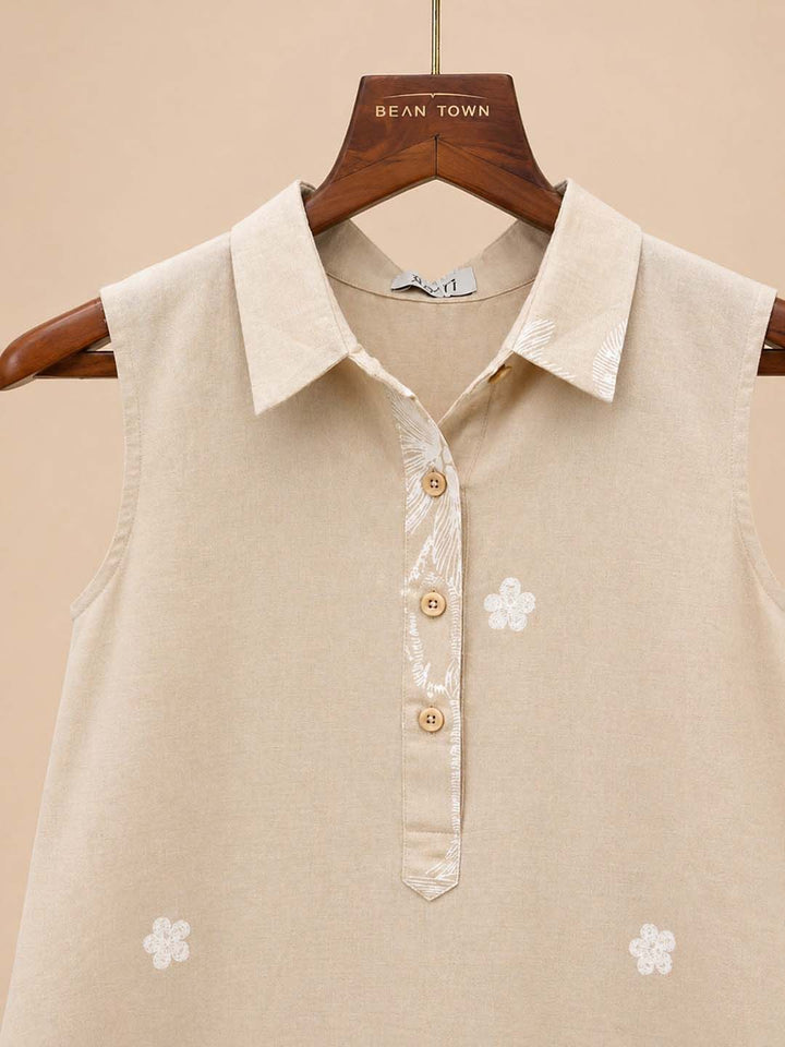 Beige With White Shirt Collar Dress