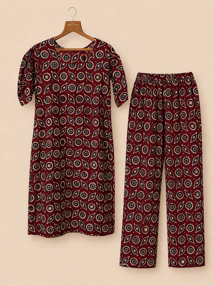 Maroon Printed Cotton Kurta and Pant Set