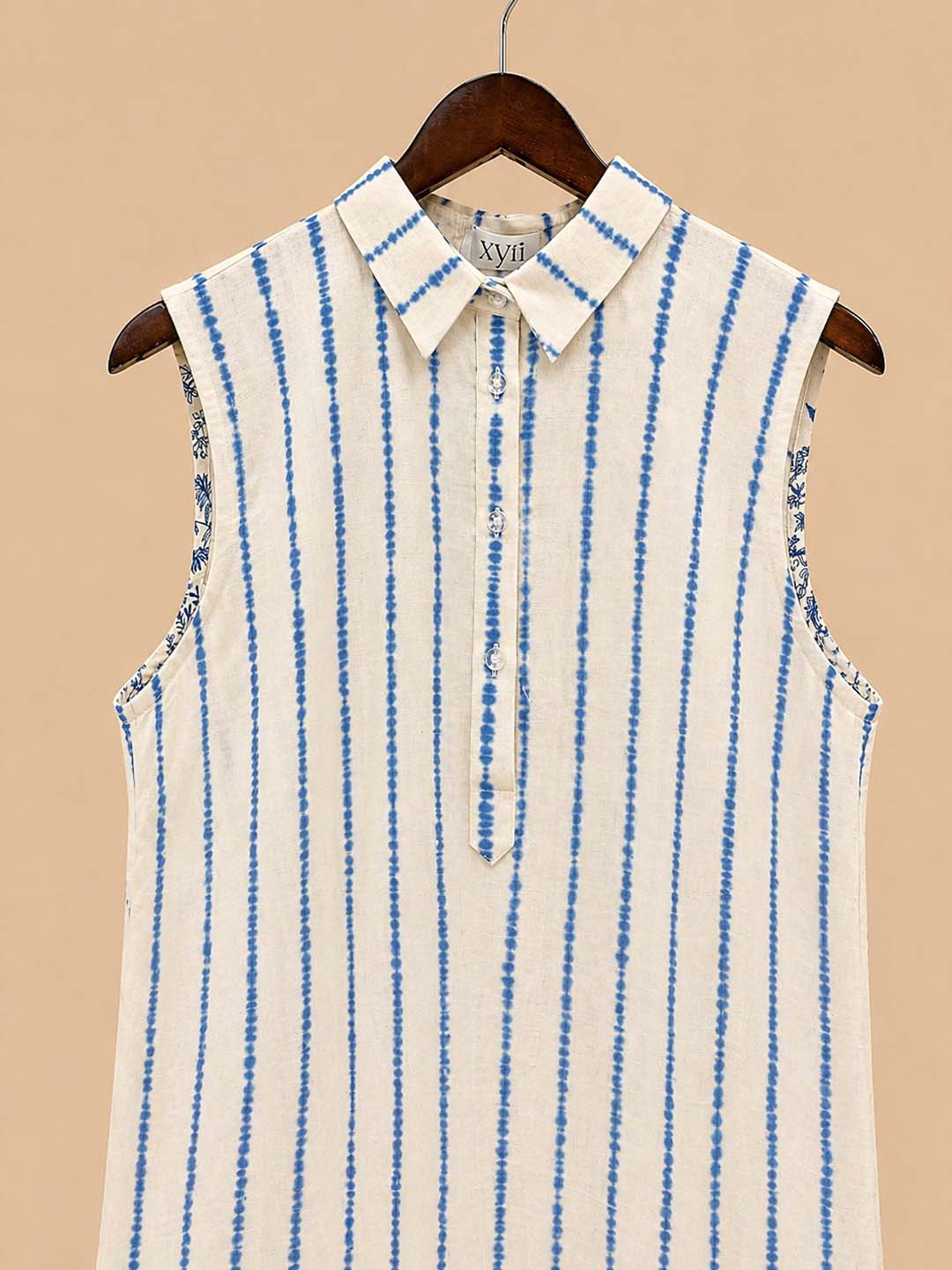Off White Blue Line With Plant Print On Hem Dress