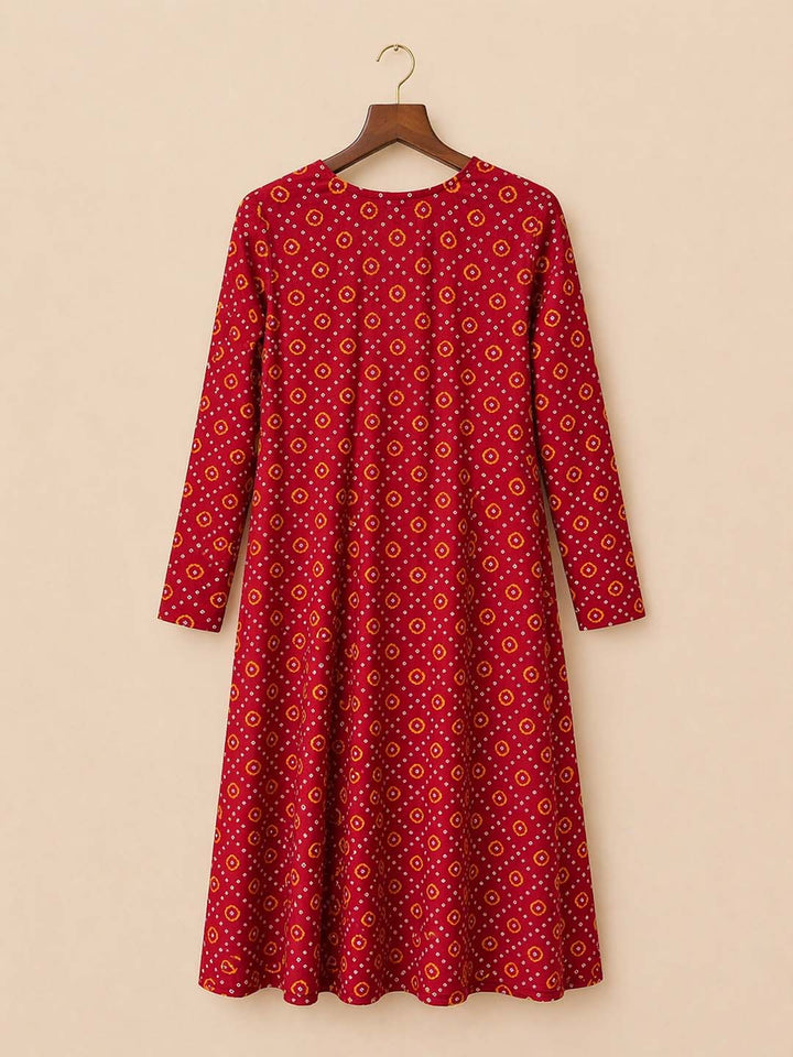 Red Alia Cut Bandhini Print Dress
