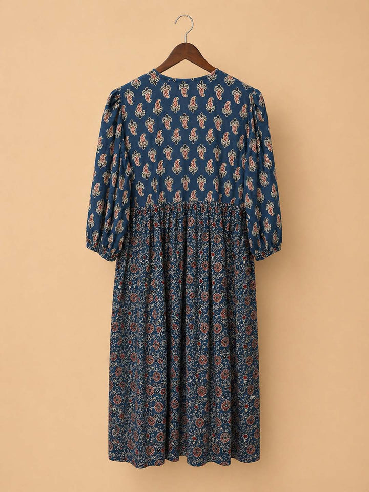 Blue And Red Ajrakh Flared Kurti