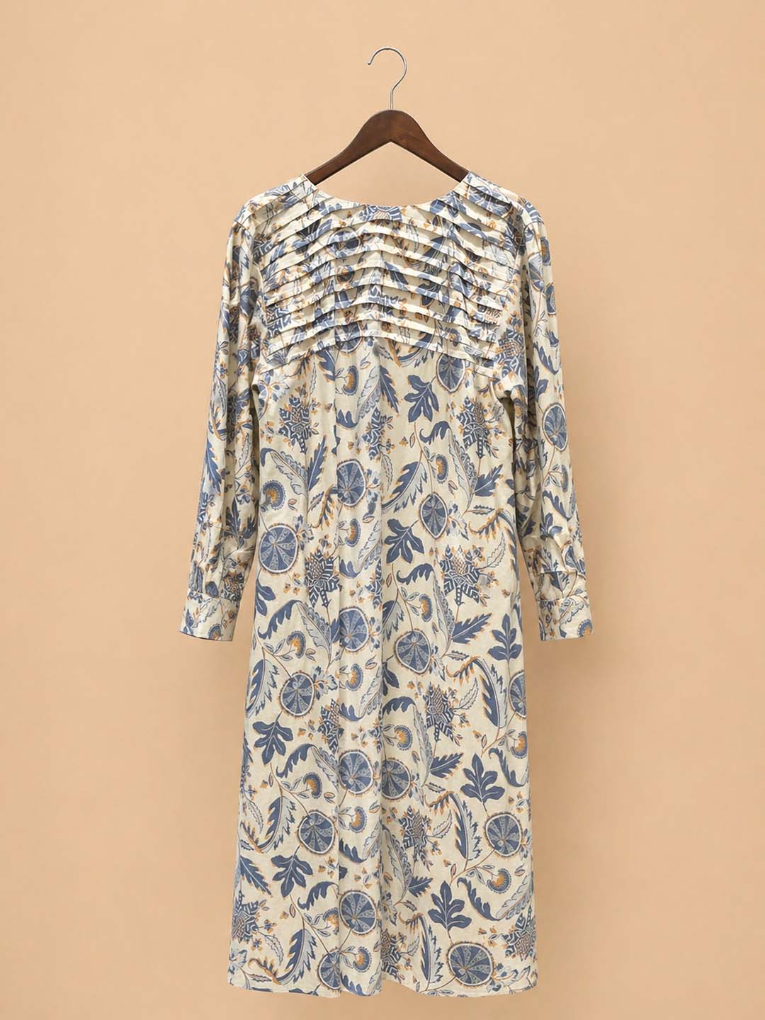 Cream With Blue Floral With Knife Pleat Dress