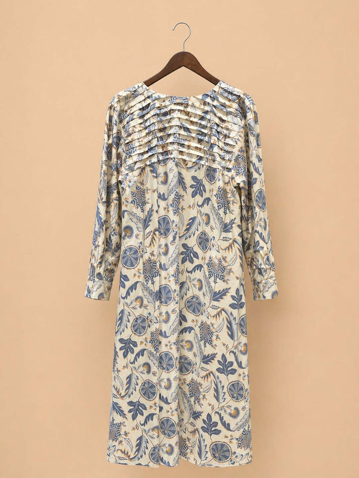 Cream With Blue Floral With Knife Pleat Dress