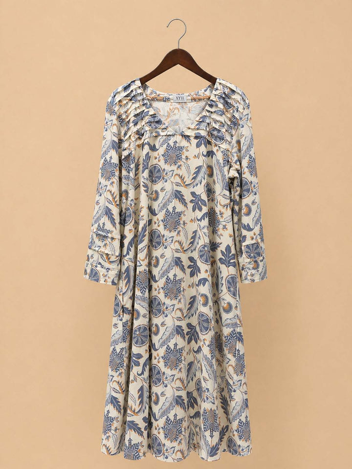Cream With Blue Floral With Knife Pleat Dress