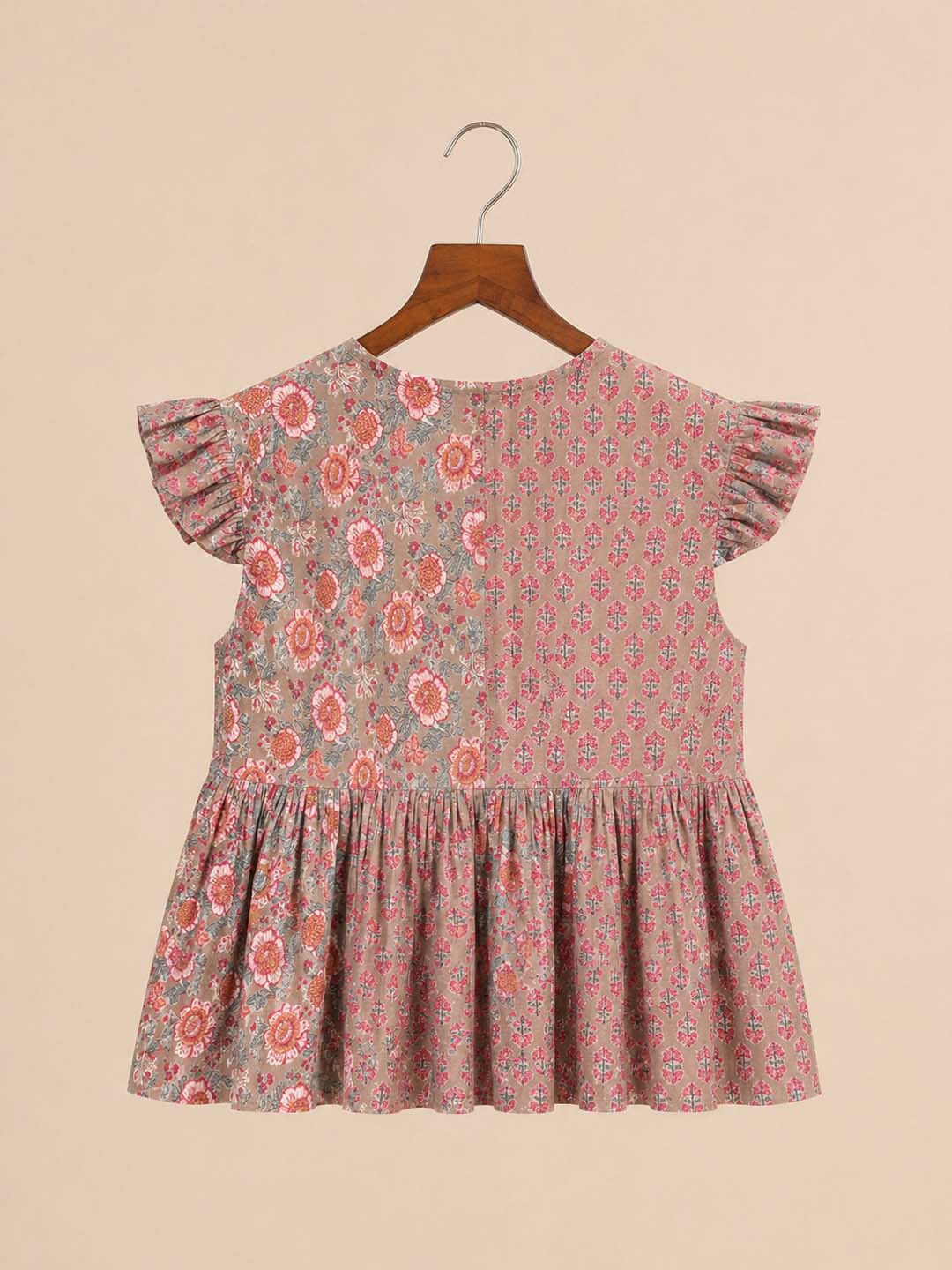 Nude With Blue And Pink Floral Printed Peplum Top