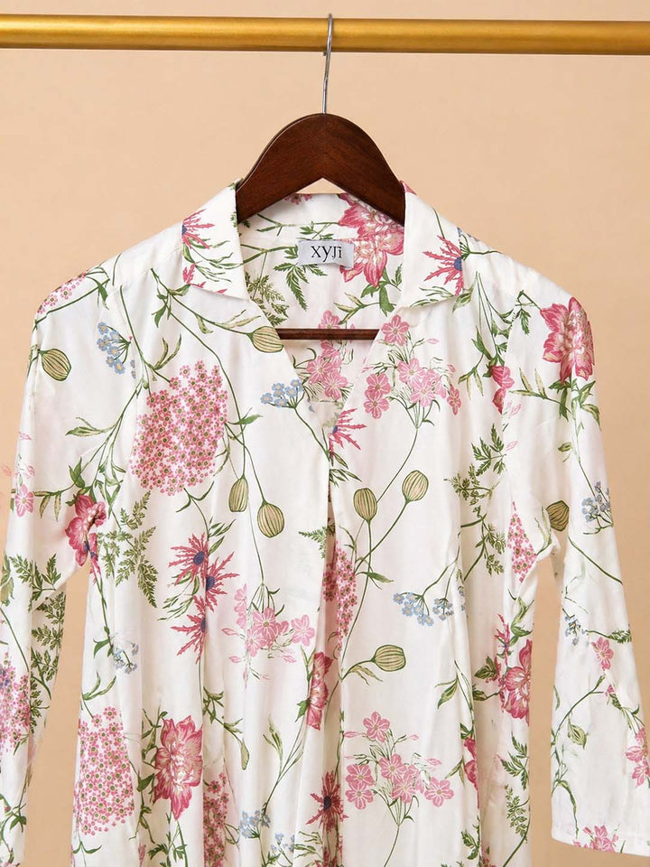 White With Pink Green Floral Shirt Collar Dress