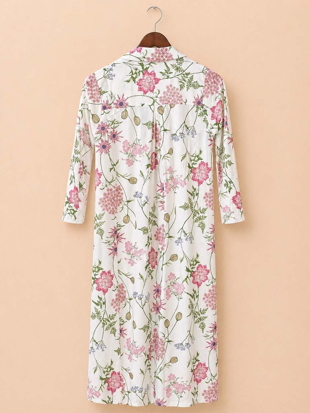 White With Pink Green Floral Shirt Collar Dress