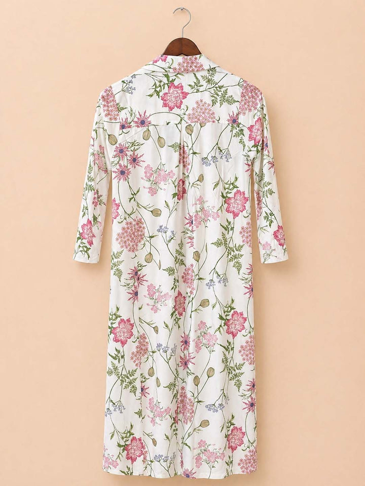 White With Pink Green Floral Shirt Collar Dress