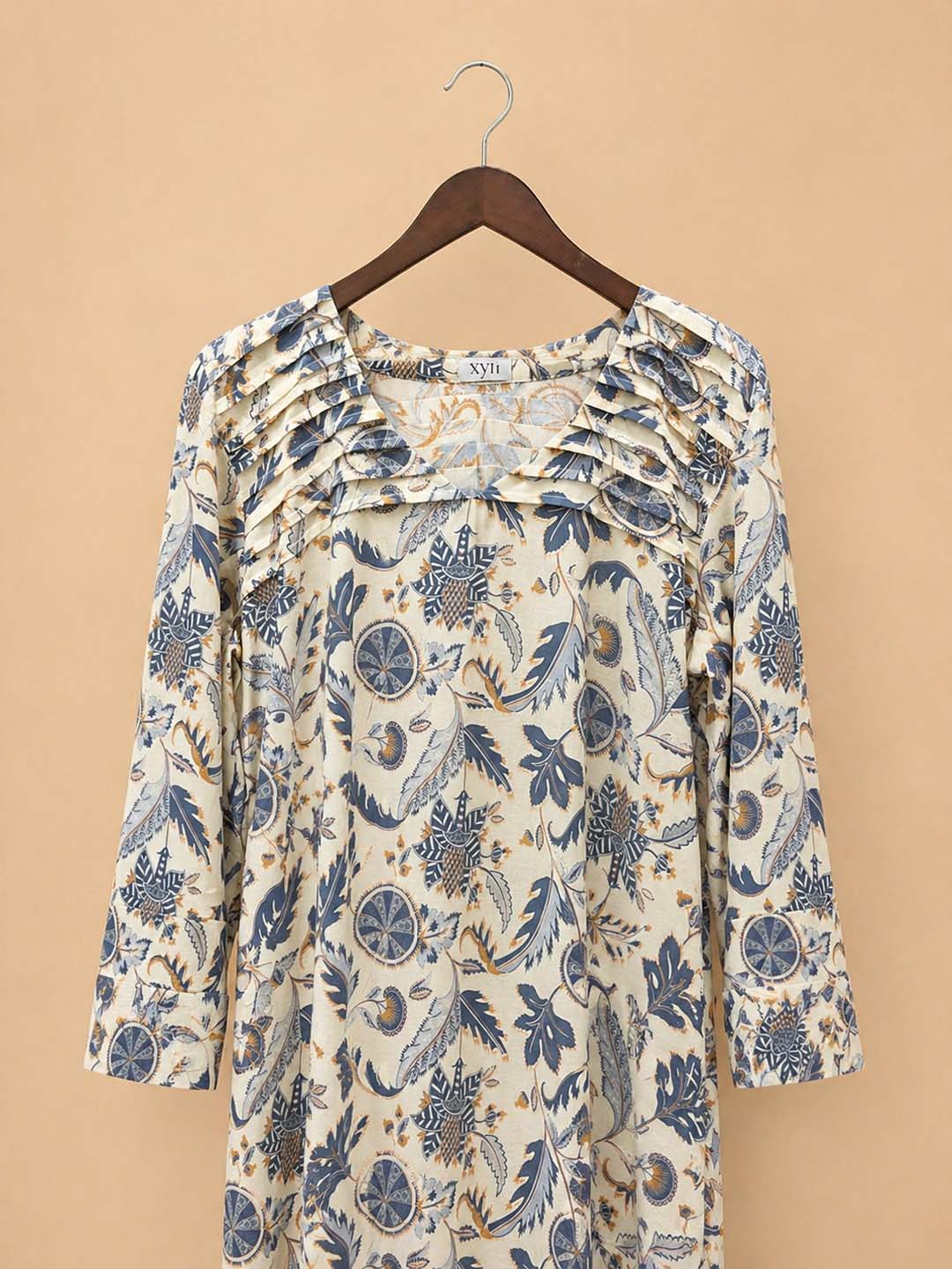 Cream With Blue Floral With Knife Pleat Dress
