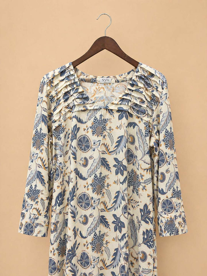 Cream With Blue Floral With Knife Pleat Dress