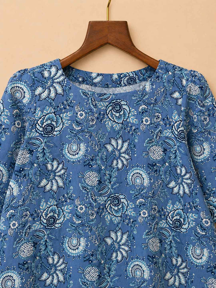 Blue And White Floral Boat Neck Dress