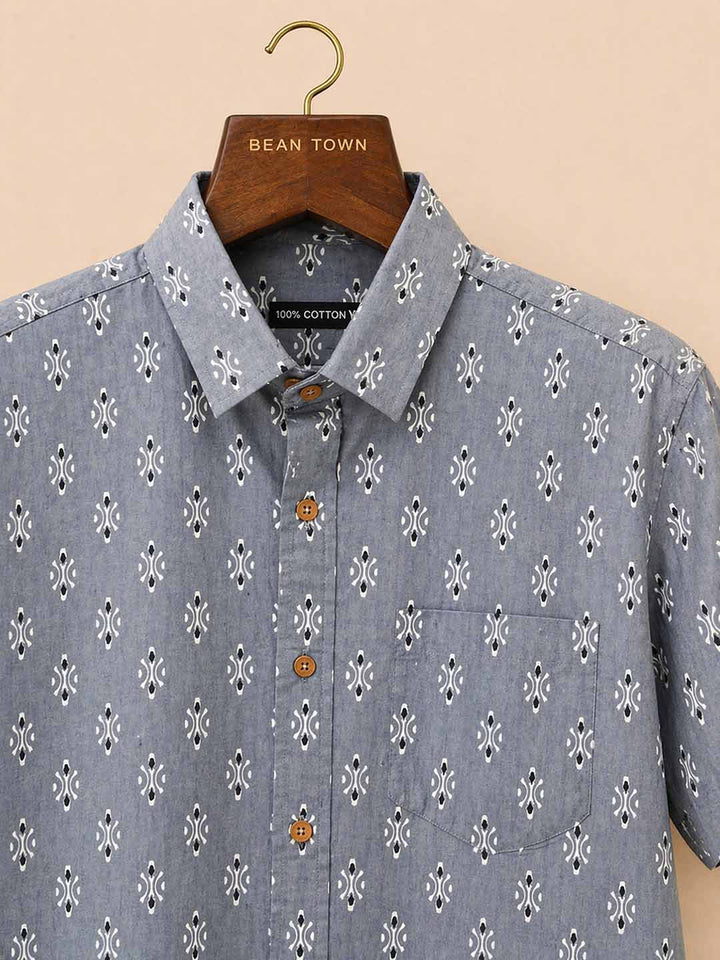 Grey With Off White And Black Butti Print Shirt
