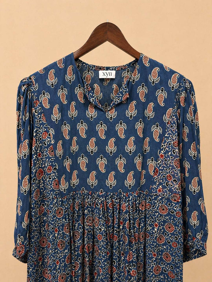 Blue And Red Ajrakh Flared Kurti