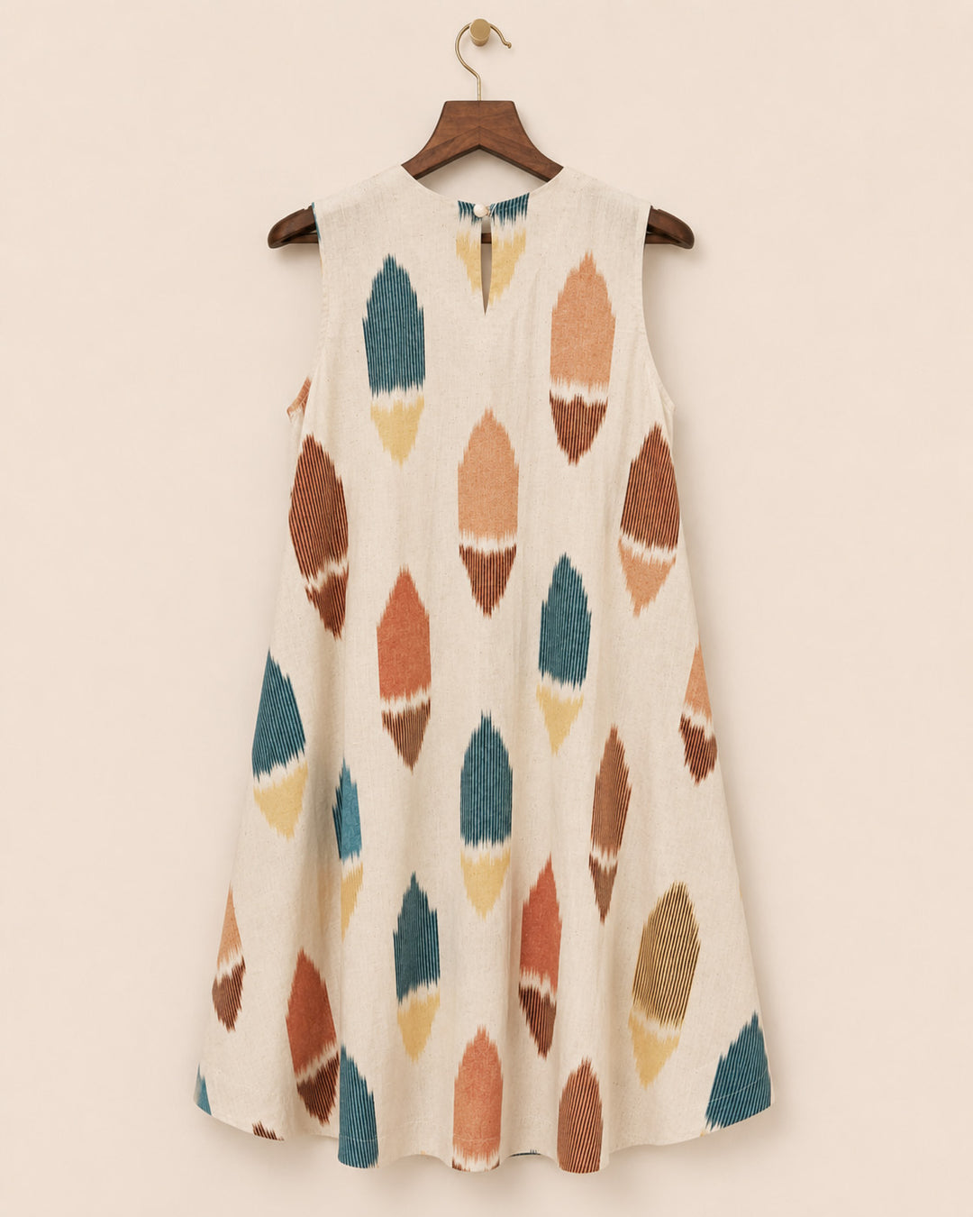 Beige Muslin With Ikat Print Dress
